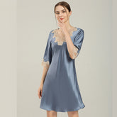Women Silk Nightgown With Lace Short Sleeves Lace Silk Sleepwear